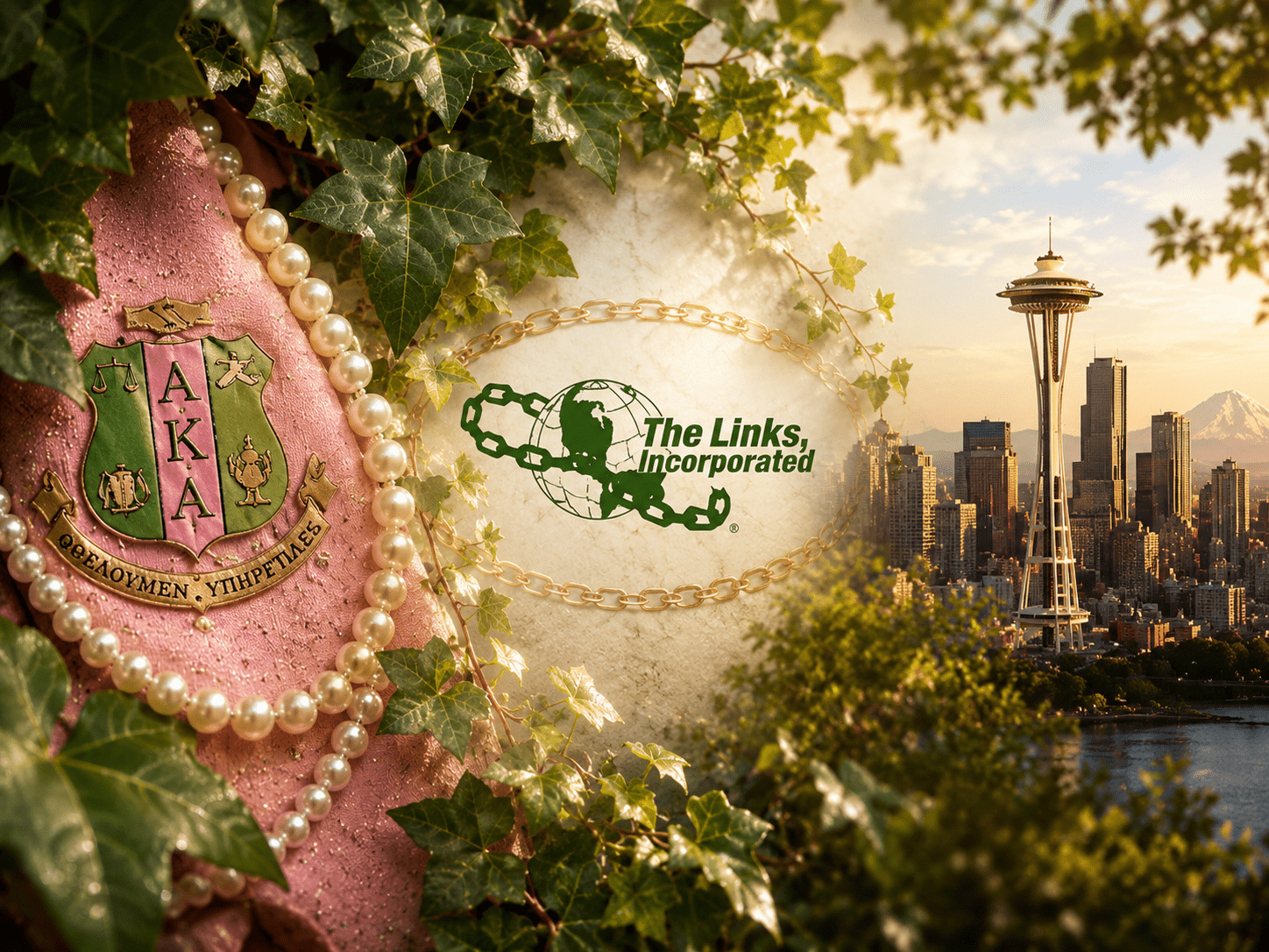 Alpha Kappa Alpha pink silk and pearls, ivy leaves, a gold chain of links, and the Seattle skyline with the Space Needle and Mount Rainier at sunset